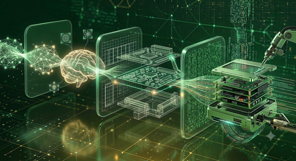 Illustration of CDD's engineering pipeline, from AI and neural networks through PCB design to robotics assembly