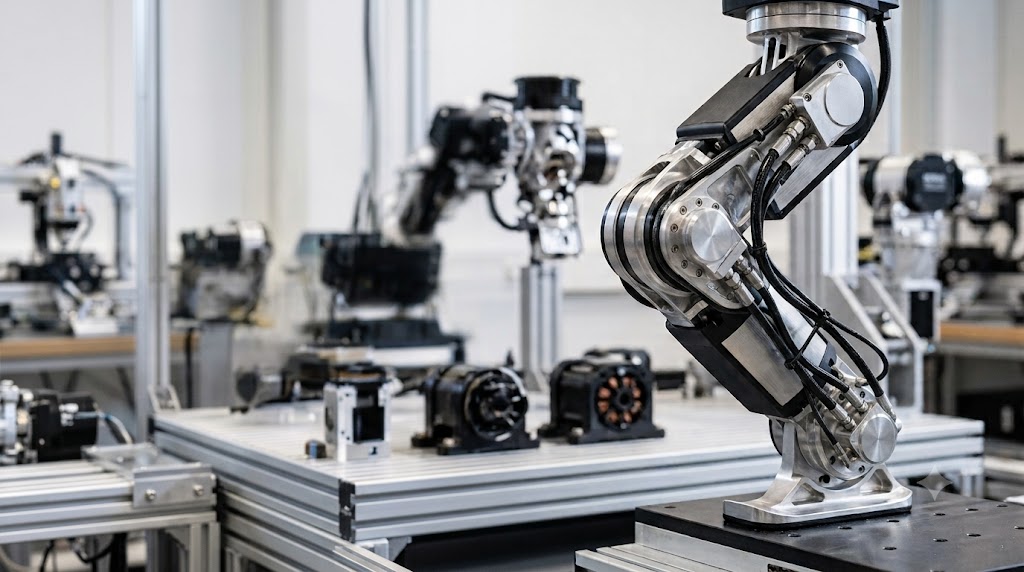Robotic arm assembly on a lab workbench