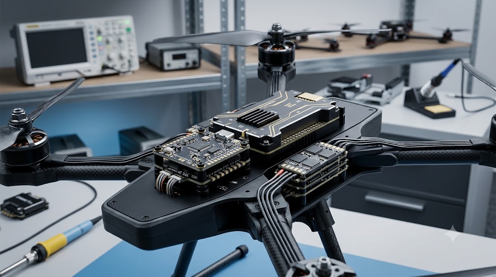 Drone flight-controller and electronics assembly on a lab workbench